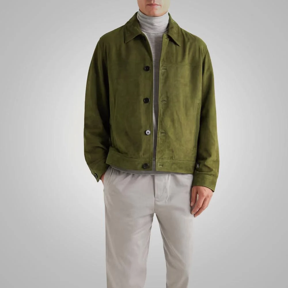 1.webp Men’s Green Genuine Suede Hide Trucker Coat - Image 1