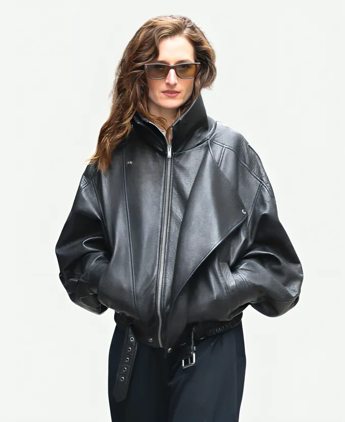 2026-ABC-Studio-Hudson-Square-NYC-Grace-Gummer-Oversized-Black-Leather-Jacket.webp Grace Gummer 2026 ABC Studio NYC Coat - Image 1