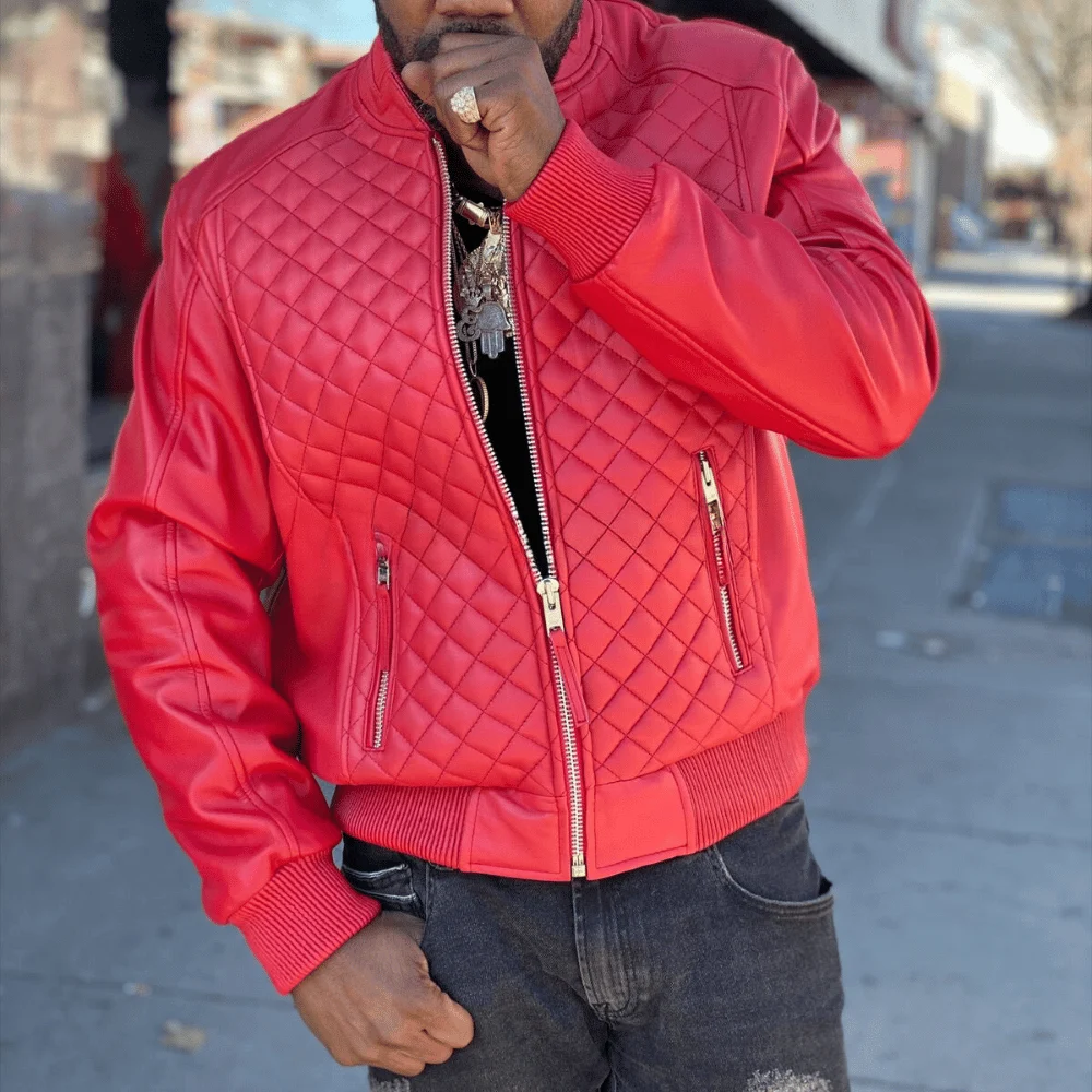3-2.webp Men Quilted Casual Varsity Crimson Bomber Hide Coat - Image 1