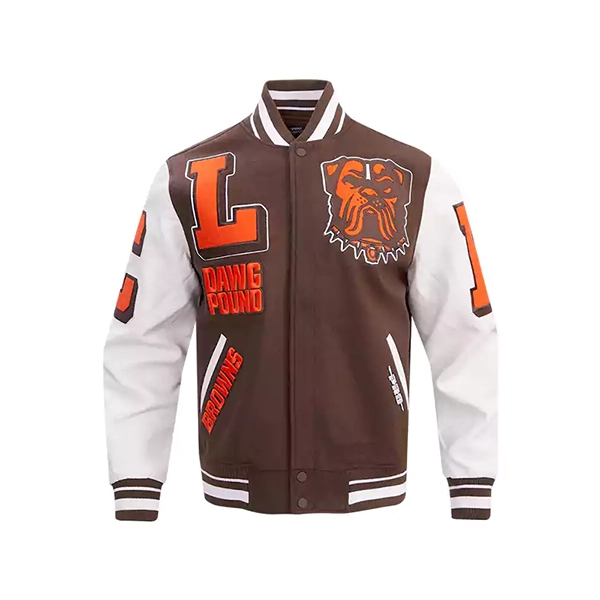 Cleveland-Browns-Varsity-Jacket-Mens-Brown-Full-Zip-Pro-Standard-Letterman-Front-Side.webp Cleveland Browns Varsity Coat - Image 1