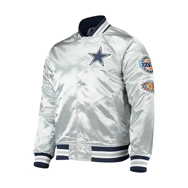 Dallas-Cowboys-varsity-Jacket.webp DALLAS COWBOYS FULL SNAP SILVER SATIN VARSITY JACKET - Image 1