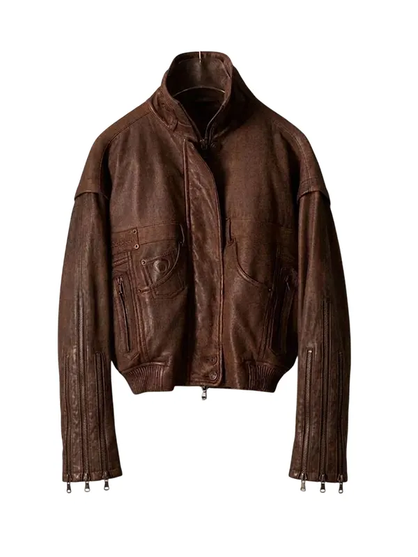 Distressed-Vintage-Leather-Brown-Bomber-Jacket.webp Distressed Vintage Hide Umber Bomber Coat - Image 1
