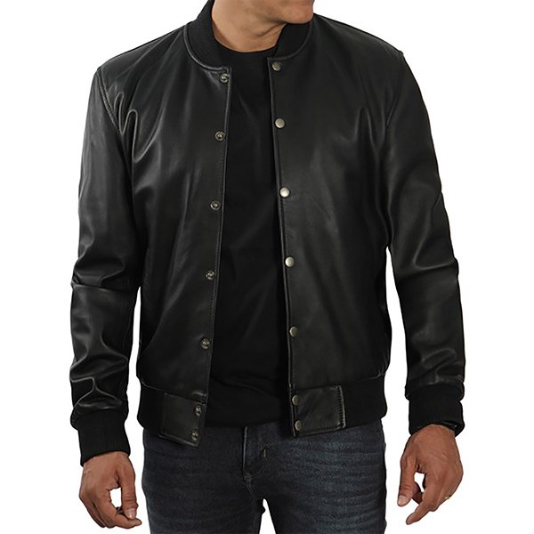 Eren-Mens-Black-Buttoned-Leather-Bomber-Jacket-2.jpg Eren Men's Black Buttoned Leather Jacket - Image 1