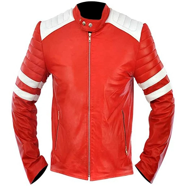 FightClubBradPittRedandWhiteLeatherJacket.webp Fight Club Brad Pitt Leather Jacket - Image 1