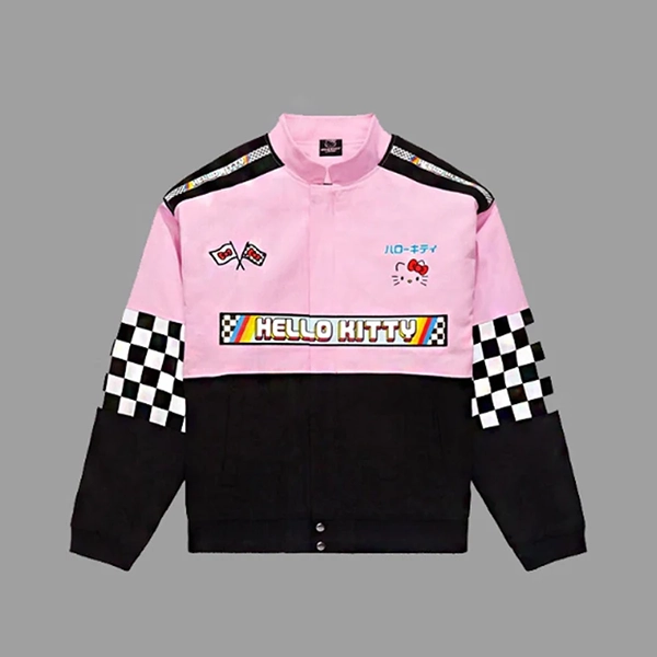 Hello-Kitty-Pink-Black-Racer-Jacket.webp Hello Kitty Racing Coat - Image 1