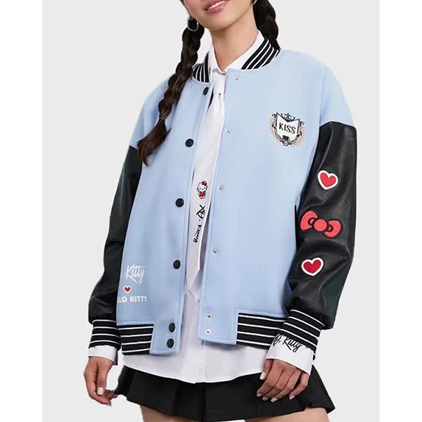Hello-Kitty-XO-Kitty-Leather-Sleeves-Varsity-Jacket-Paradise-Jacket.jpg XO Kitty 2023 Hello Kitty Leather Sleeves Varsity Jacket - Image 1