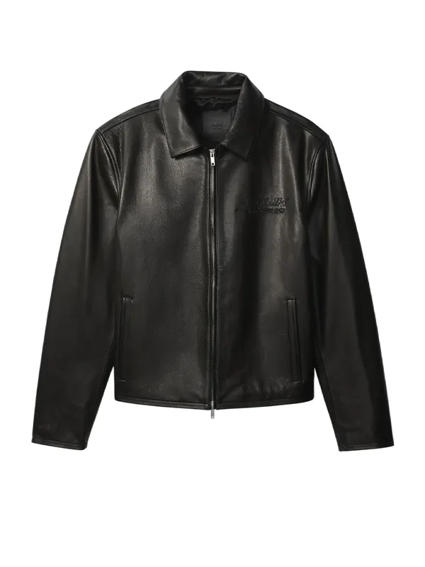 Jung-Kook-Black-Leather-Racer-Jacket.webp Jung Kook Dark Hide Racer Coat - Image 1