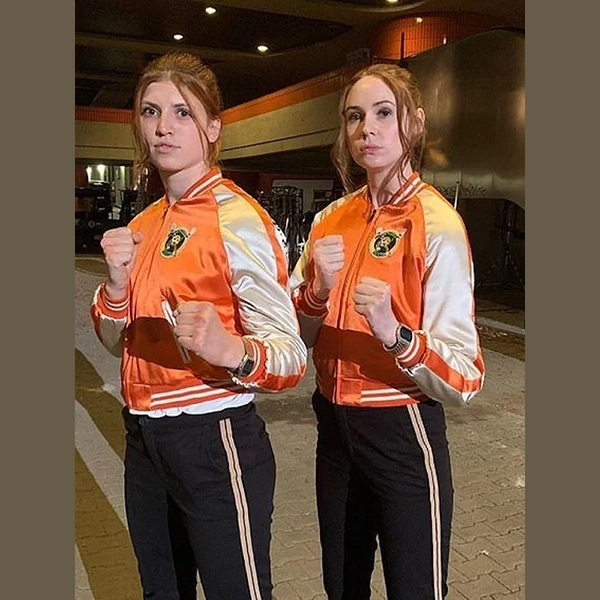 Karen-Gillan-Gunpowder-Milkshake-Eva-Orange-Jacket.webp GUNPOWDER MILKSHAKE BOMBER JACKET - Image 1
