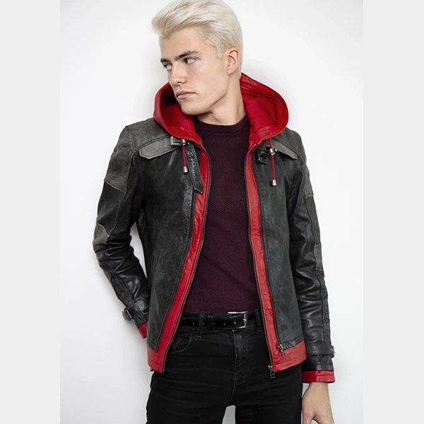 LUC_3420-redhood.webp Mens Crimson Hooded Hide Coat - Image 1