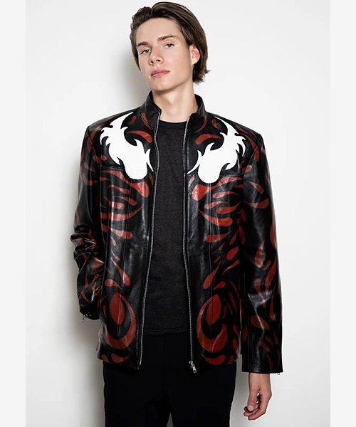 LUC_6794_web.jpeg Mens Maximum Carnage Handpainted Crimson Hide Coat - Image 1