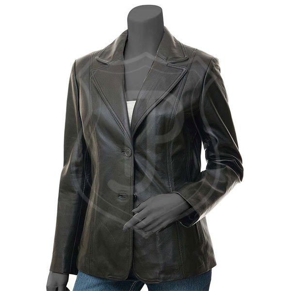 Lambskin-Leather-Blazer-for-Womens-Black-Leather-Jacket.jpg Lambskin Hide Blazer for Female Dark Hide Coat - Image 1