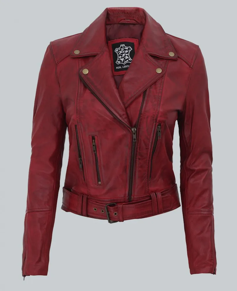 Maroon_Leather_Asymmetrical_Jacket__92705_zoom-816x1000fit.webp Elisa Womens Maroon Hide Motorcycle Coat - Image 1