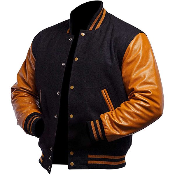 Mens-Black-and-Yellow-Varsity-Jacket-With-Leather-SleevesPJ.jpg Mens Dark and Yellow Varsity Coat - Image 1
