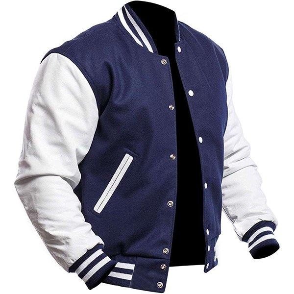 Mens-Blue-and-White-Varsity-Letterman-Jacket.jpg Men Blue and White Varsity Letterman Jacket - Image 1