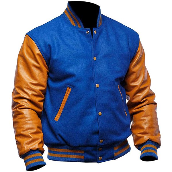 Mens-Blue-and-Yellow-Varsity-Jacket-With-Leather-Sleeves.jpg Mens Blue and Yellow Varsity Coat - Image 1