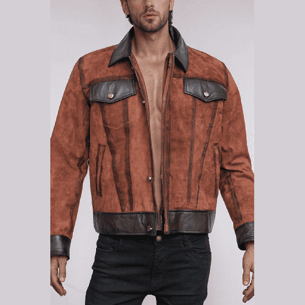 Mens-Brown-Suede-Trucker-Jacket-2221.png Men’s Umber Trucker Suede Hide Coat - Image 1