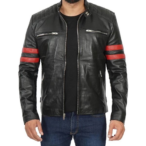 Mens-Cafe-Racer-Black-Leather-Jacket-with-Red-Stripes-2.jpg Mens Cafe Racer Dark Hide Coat with Crimson Stripes - Image 1