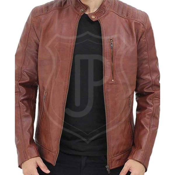 Mens-Padded-Brown-Leather-Biker-Jacket.jpg Men's Padded Brown Leather Biker Jacket - Image 1