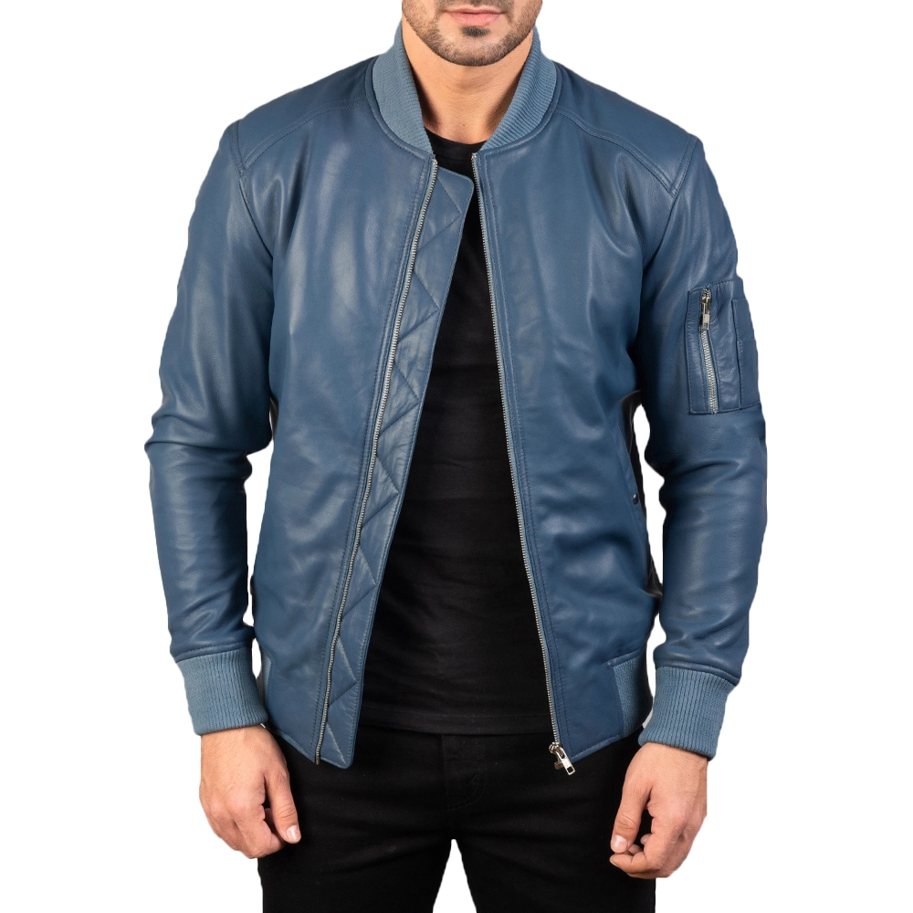 MensBomiaMa-1BlueLeatherBomberJacket7658-4-1579778731927-1-1.webp Mens Classical Blue Bomber Leather Jacket - Image 1
