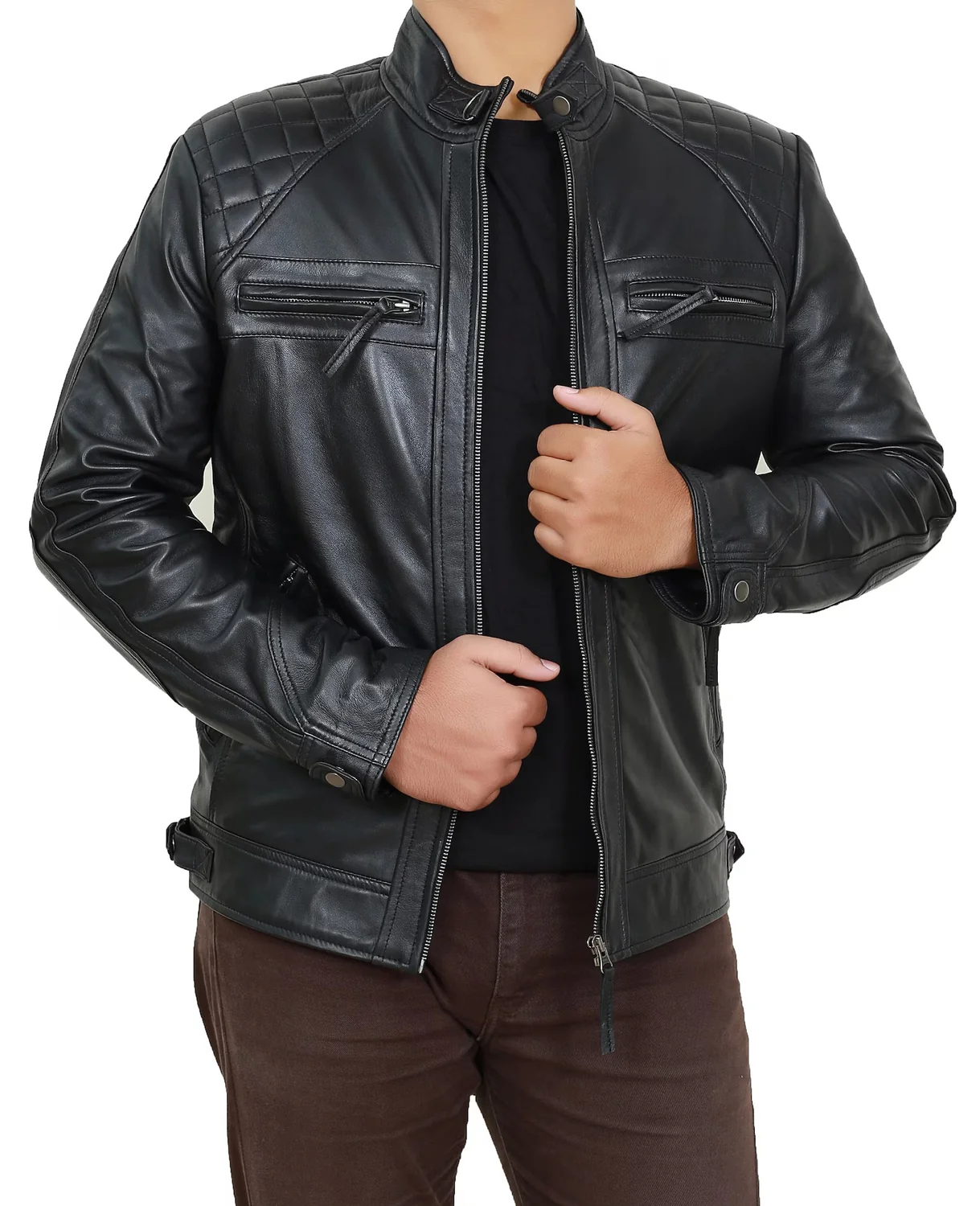 MensQuiltedLambskinLeatherBeckhamInspiredMotorcycleLeatherJacket_1500x1500.webp Mens Dark Rider Quilted Lambskin Hide Beckham Inspired Motorcycle Hide Coat - Image 1