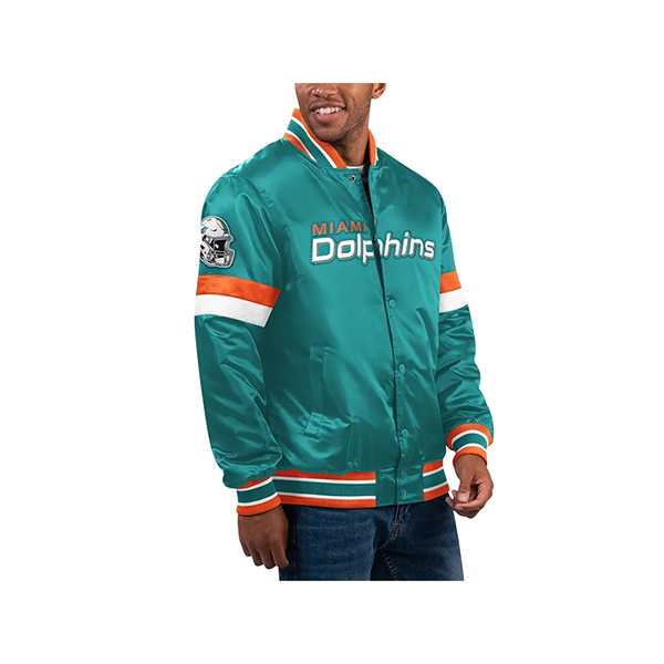 Miami-Home-Game-Full-Snap-Aqua-Dolphins-Starter-Jacket-Varsity-Front-Side.webp Miami Home Game Full-Snap Aqua Dolphins Starter Coat Varsity - Image 1