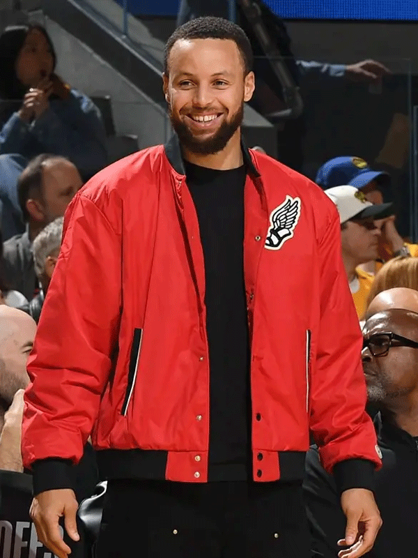 NBA-Playoffs-Game-Red-Bomber-Jacket.gif Steph Curry Bomber Coat - Image 1