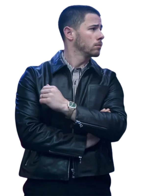 Nick-Jonas-A-Very-Jonas-Christmas-Movie-Black-Leather-Jacket.webp A Very Jonas Christmas Movie 2025 Nick Jonas Dark Hide Coat - Image 1