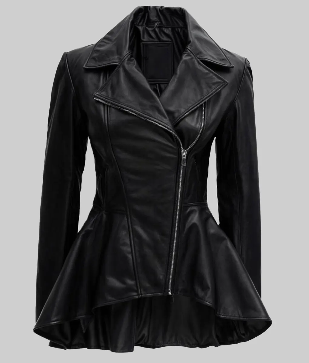 Olivia-Womens-Black-Leather-Jacket-Clearance-Item-Front-View.webp Olivia Women’s Dark Hide Coat - Image 1