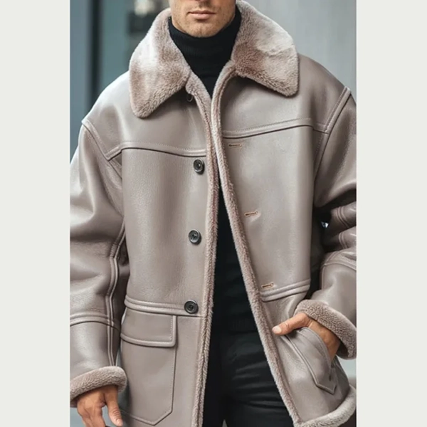 Oversized-Taupe-Leather-Jacket-with-Shearling-Cuff-Collar-551x735-1.webp Oversized Taupe Hide Coat - Image 1