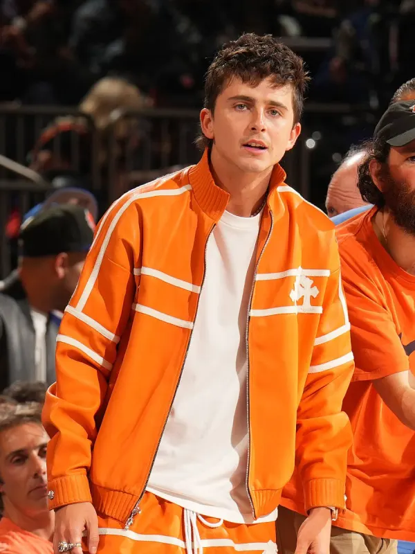 Timothee-Chalamet-NBA-Finals-Orange-Jacket-1.webp Timothée Chalamet NBA Finals Orange Coat - Image 1
