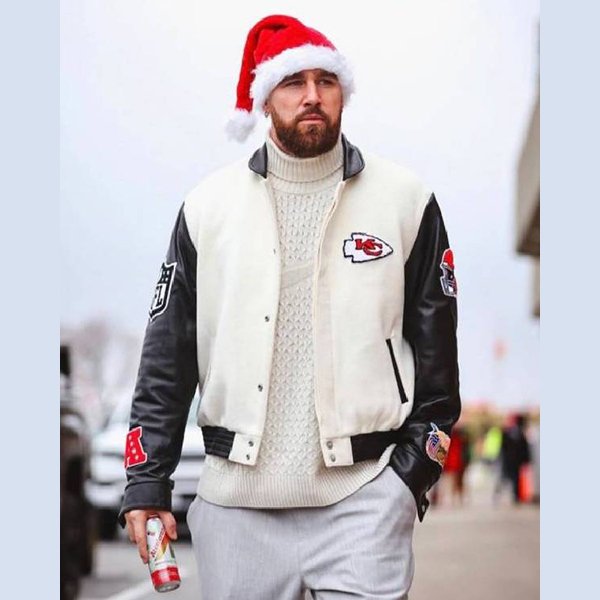 Travis-Kelce-Chiefs-Christmas-White-Varsity-Jacket.jpg Travis Kelce Chiefs Christmas White Varsity Jacket - Image 1
