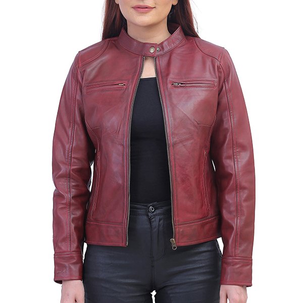 WomanMaroonBikerJacket-1_1.jpg Women Maroon Rider Coat - Image 1