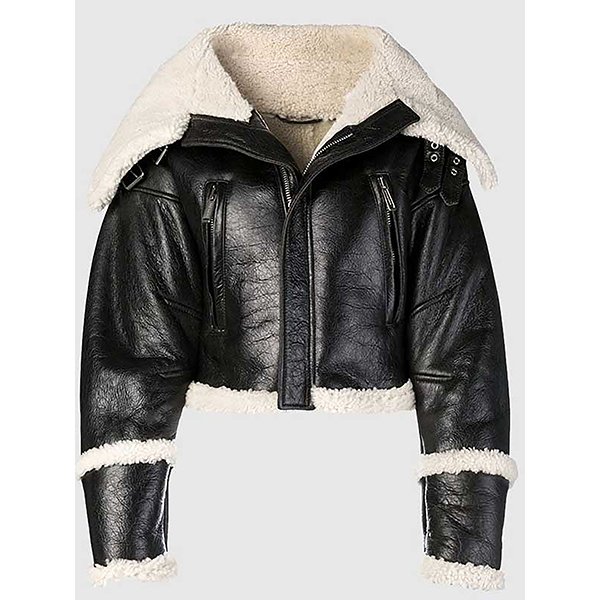 Womens-Black-Leather-Long-Shearling-Collar-Paradise-Jacket.jpg WOMEN'S BLACK LEATHER CROPPED WIDE SHEARLING COLLAR JACKET - Image 1