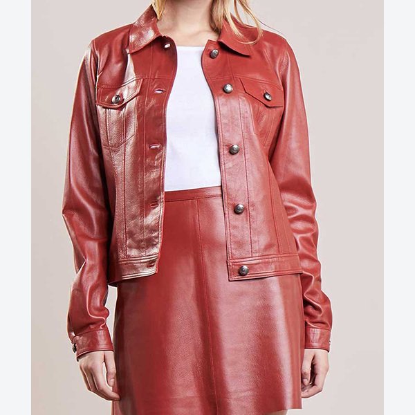 Womens-Buttoned-Red-Leather-Jacket1.jpg Women Buttoned Red Leather Jacket - Image 1