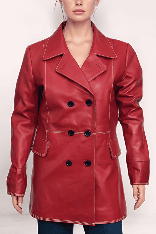 Womens-Real-Leather-Red-Coat-Jacket-Artisan-1.png Women’s Classic Crimson Double-Breasted Hide Blaze - Image 1
