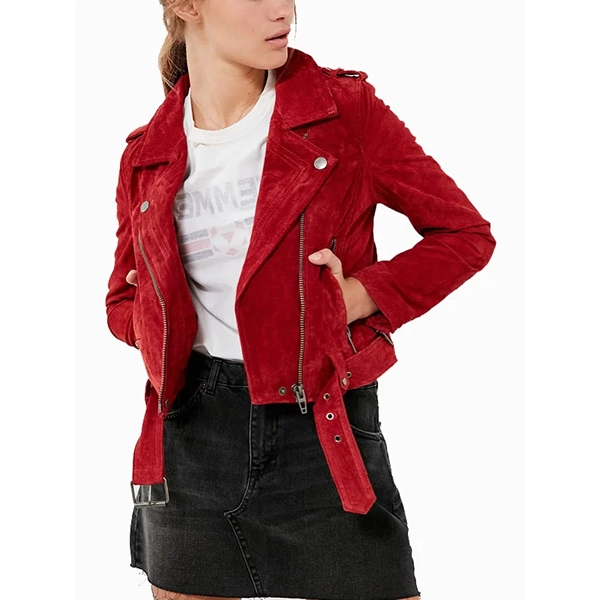 Womens-Red-Suede-Leather-Jacket.webp Women’s Crimson Suede Hide Coat - Image 1