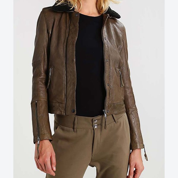 Womens-Shearling-Collar-Khaki-Leather-Jacket.jpg Women Shearling Collar Leather Jacket - Image 1