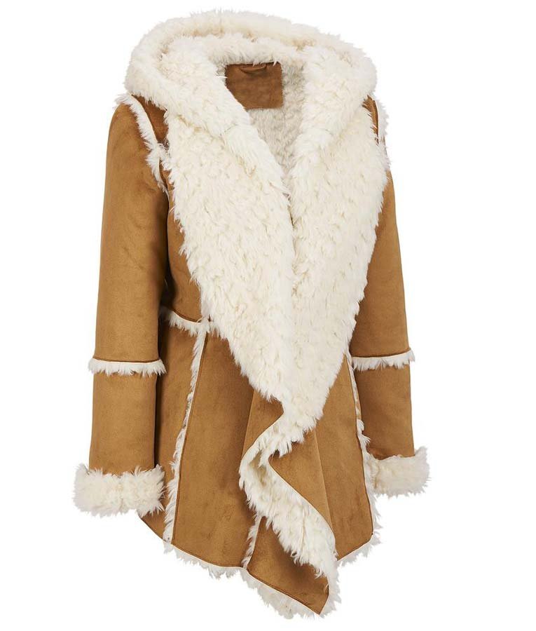 WomensBrownSuedeFauxFurOvercoatWithHood.jpg Womens Brown Fur Suede Overcoat - Image 1