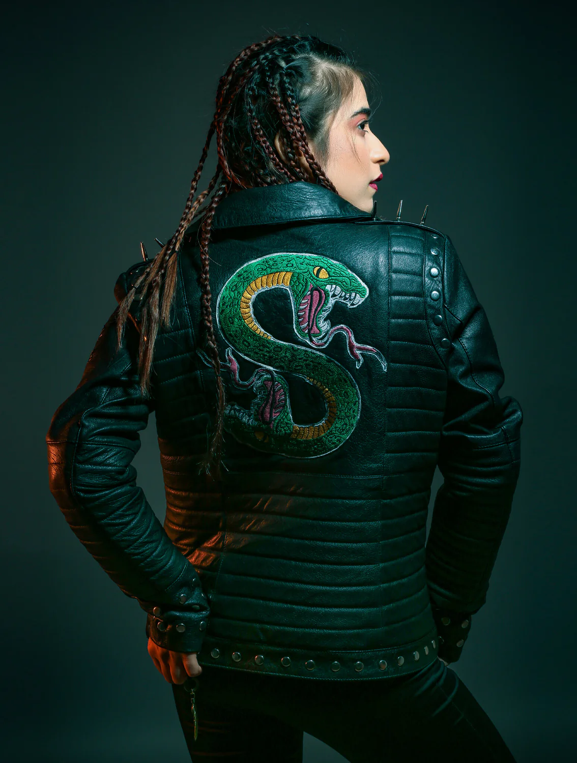 WomensLeatherJacketwithSerpentsPatch_1500x1500.webp Womens Gang Snack Logo Patch Dark Hide Coat - Image 1