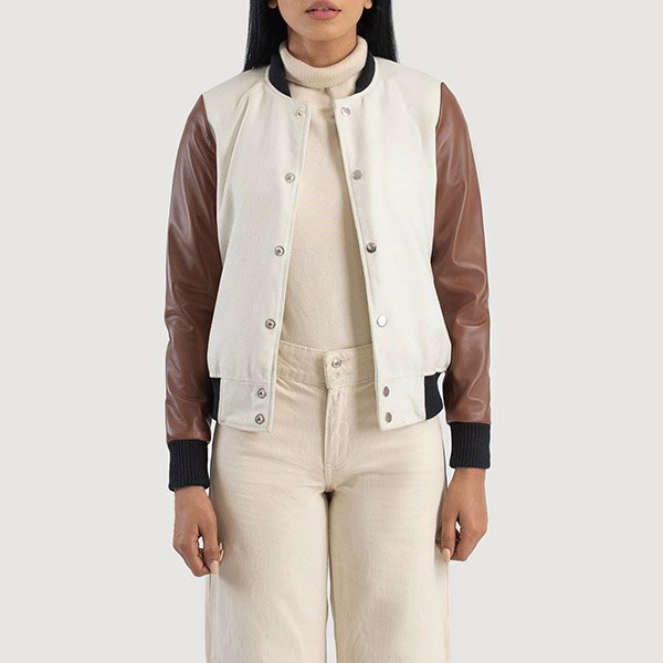 WomensSavantBrownHybridVarsityJacketOpenFront-4-1686936305222.jpg Savant White & Umber Hybrid Varsity Coat - Image 1