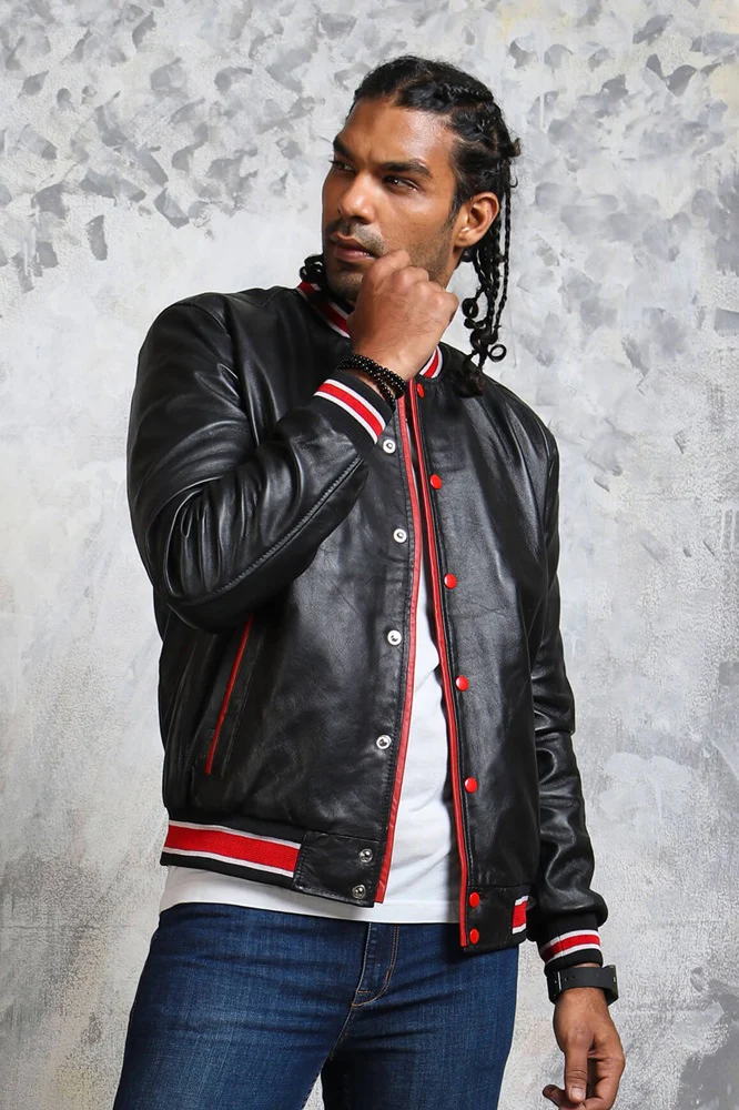 bomber-leather-jacket-with-red-stripes.webp Male Dark and Crimson Bomber Coat - Image 1