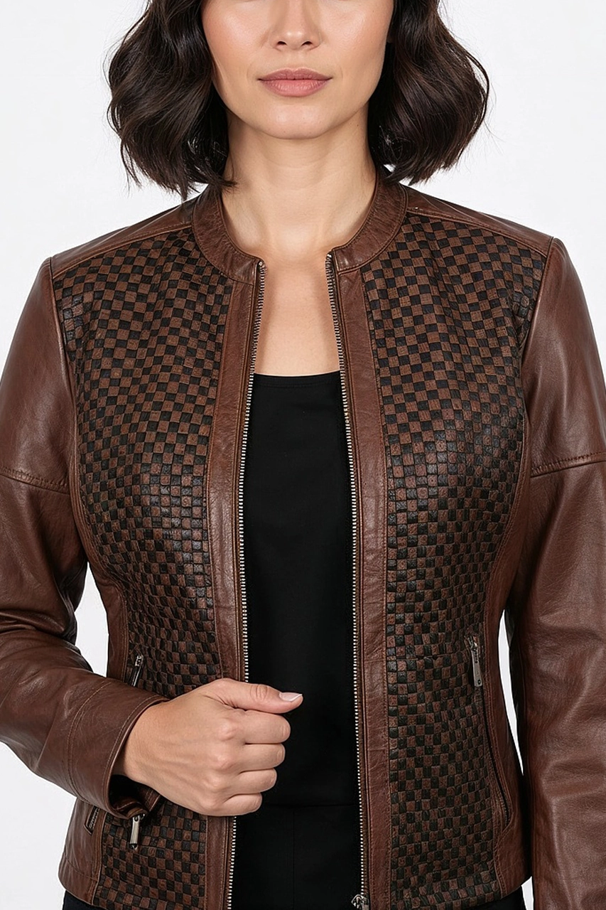 brown-checkerboard-leather-jacket-for-women.webp Women’s Checkerboard Umber Hide Coat - Image 1