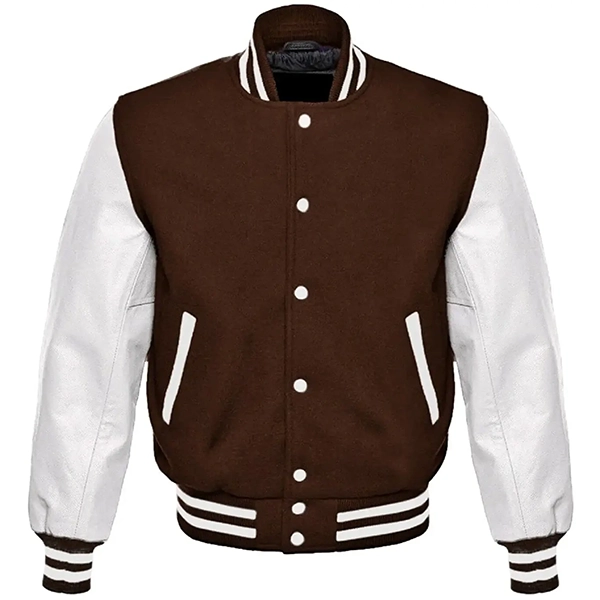 brownandwhitevarsityjacket.webp Mens Brown And White Varsity Jacket - Image 1