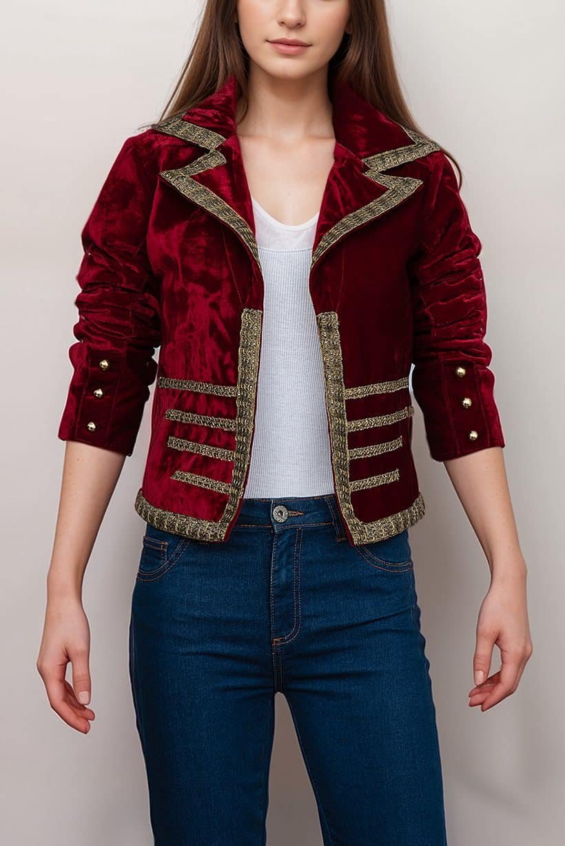 colette-crimson-velvet-jacket-with-gold-embellishments-jacket-artisan-02.jpg Women’s Gold Embellishments Crop Velvet Blazer - Image 1