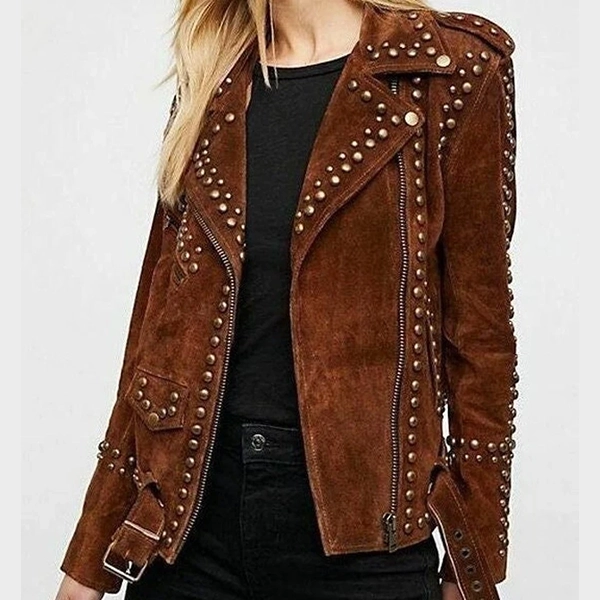 il_794xN.6160686612_fo2m.webp Women's Brown Suede Studded Western Vintage Jacket - Image 1