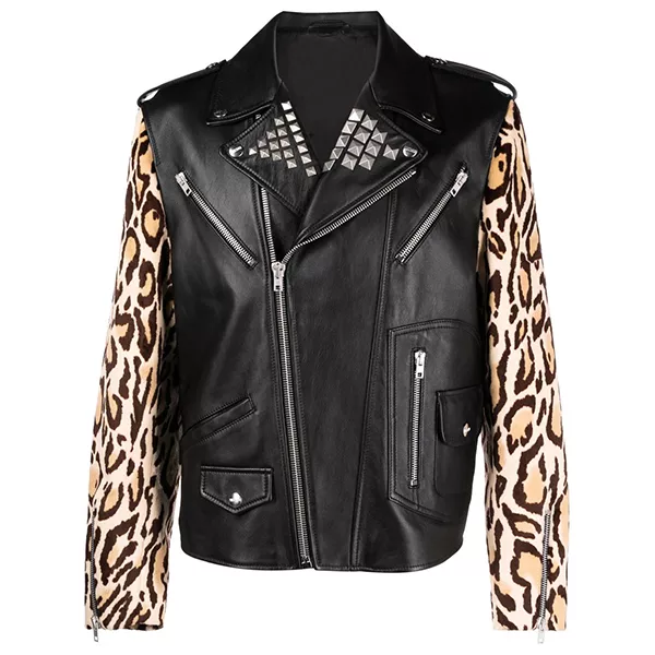 leopard-sleeve-biker-jacket.webp Mens Leopard Print Rider Hide Coat - Image 1