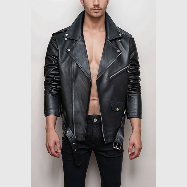 louis-black-leather-biker-jacket-wide-lapels-zipper-pockets-belted-hem-jacket-artisan-03.jpg Dark Lapel Style Collar Moto-Rider Coat - Image 1