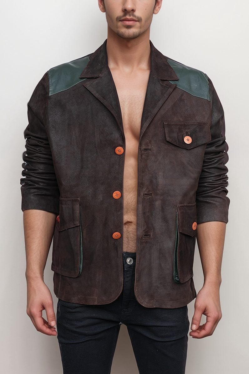 mens-brown-suede-jacket-with-unique-green-accents-and-orange-buttons-stylish-and-sophisticated-jacket-artisan-04.jpg Men’s Umber Suede Coat with Unique Green Accents - Image 1