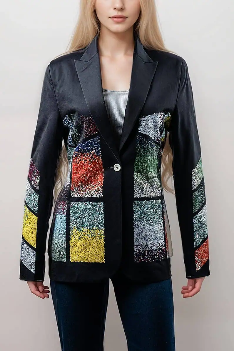picasso-black-blazer-multicolor-sequin-patchwork-single-button-closure-jacket-artison-01.webp Women’s Picasso Multicolor Sequin Patchwork Dark Blazer - Image 1