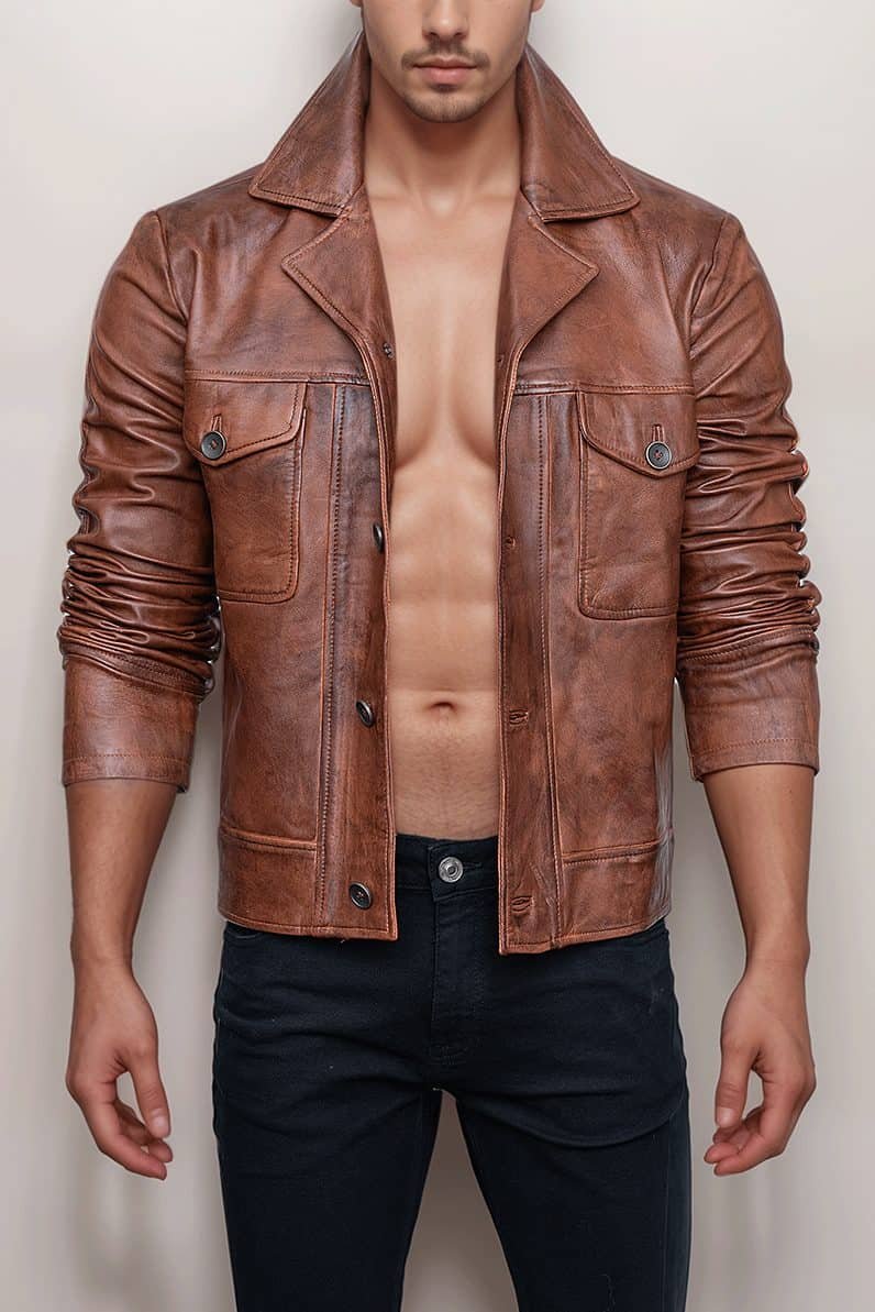 tan-leather-jacket-button-front-vintage-mode-francaise-jacket-artisan-05.jpg Men’s Umber Vintage Trucker Hide Coat - Image 1